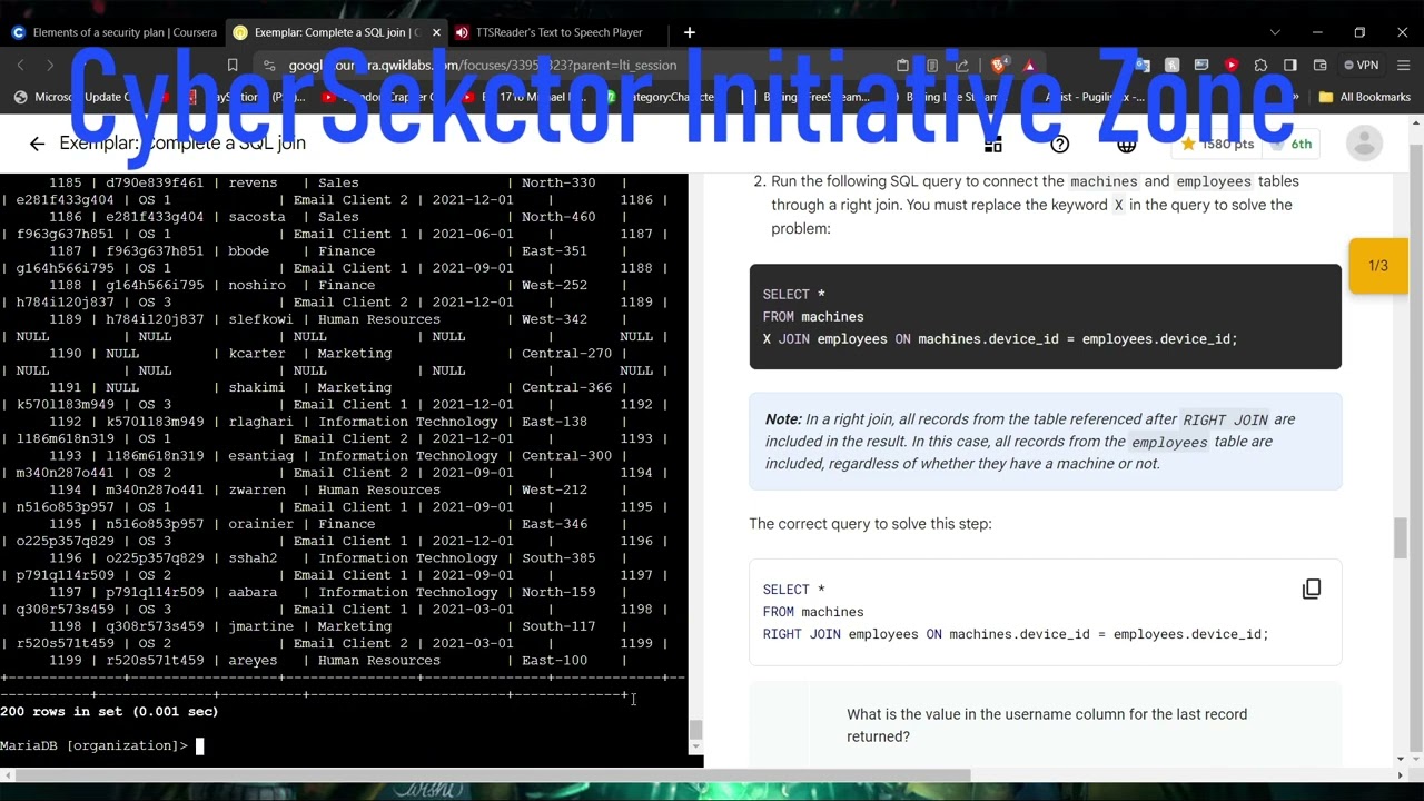 Google Cybersec  Linux Lab Project; Complete a SQL Join