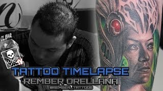 Tattoo Time Lapse - Rember Orellana - Tattoos Black and Grey Huntress with Color Fusion