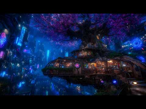 Ambient Cyberpunk - Glowing Neon Sakura Treehouse Sanctuary | Rainy City Soundscape & Sleep | 4k