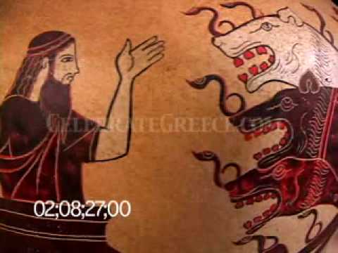 0480 Hydria: Eurystheus, Hercules & Cerebus (3-headed hell-hound), replica