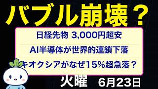 【6/23日本株】バブル崩壊？日経平均9連騰ストップからの歴史的急落｜キオクシア15%超急落・SBG9.5%安、韓国KOSPIは8%安でサーキットブレーカー発動【あす上がる株】