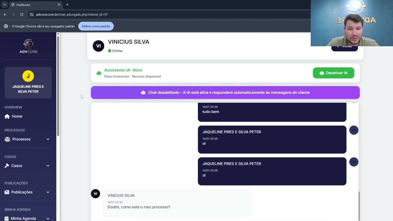 Chatbot com Inteligência Artificial no AdvCore Academy | Sistema Jurídico AdvCore