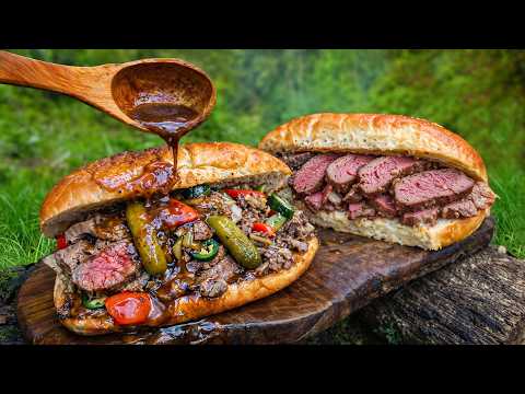 Cooking a Chicago-Style Italian Beef Sandwich in the Wild | Bushcraft Outdoor Cooking