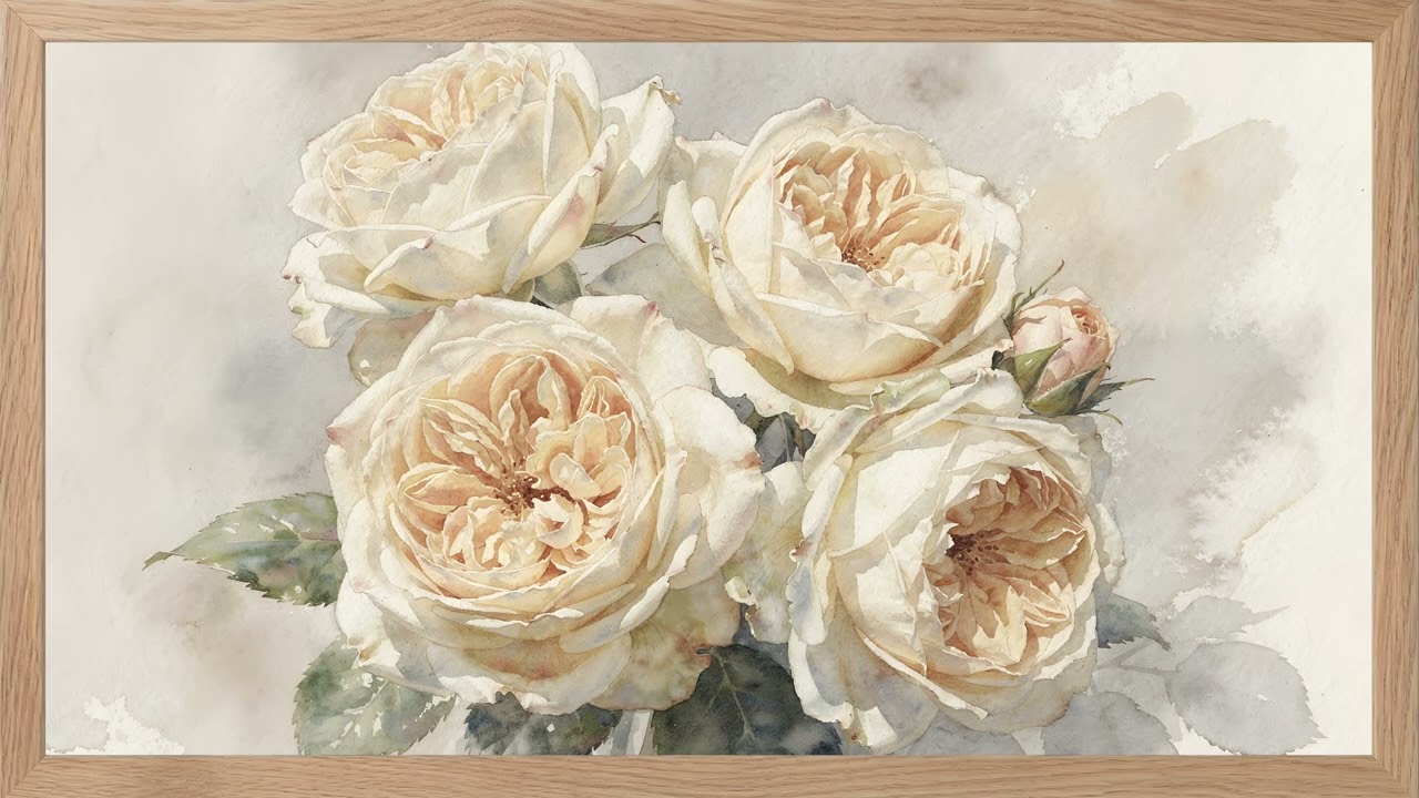 Soft Cream Roses Watercolor in Wood Frame 🤍 4K Floral TV Art 2 Hours | Calm Vintage Aesthetic — 4K ambient art screensaver in baroque gold frame