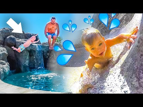 BACKYARD WATER PARK! 💦 Toddler rides super fast water slide! 😮 Video