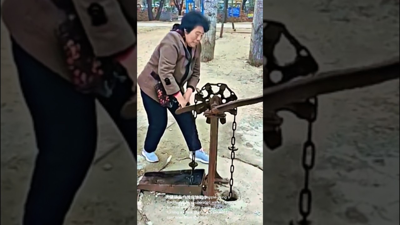 Traditional water pump: people using a hand-operated water pump to draw water from a well