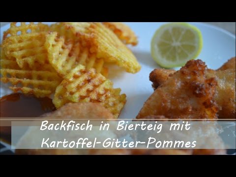 Backfisch in Bierteig mit Kartoffel Gitter Pommes