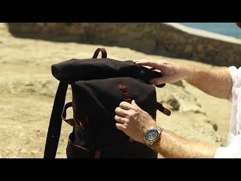 Rolltop Rucksack Herren »Wyatt« Schwarz  - Fahrradrucksack, Canvas, Leder, Vintage Look, DRAKENSBERG