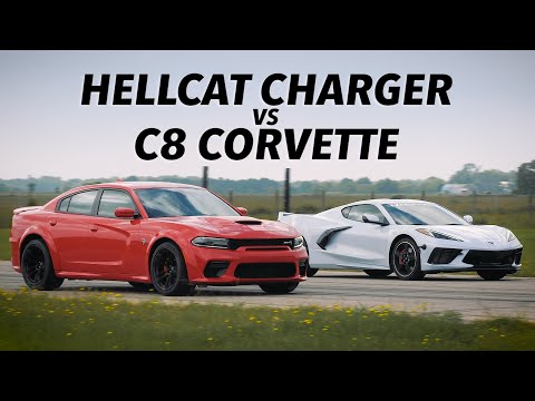 495 HP C8 Corvette vs 707 HP Hellcat Charger Widebody | Roll and Drag Race Comparison