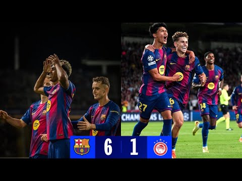 Barcelona vs Olympiacos 6-1 UCL highlights 2025 | Fermin Lopez Hat-trick | Rashford Double