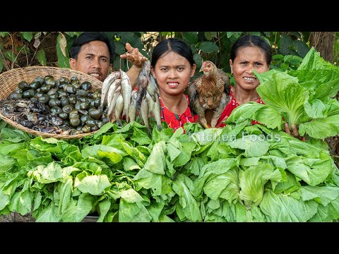 Eating & Cooking Green Vegetable Pak-Choy Mix Fish Snail Crabs and Chicken​ - Sharing Foods