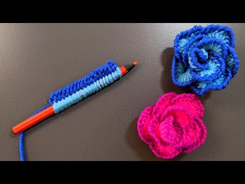 Easy Woolen Rose Flower Making Ideas With Pencil   Amazing Hand Embroidery Design Trick