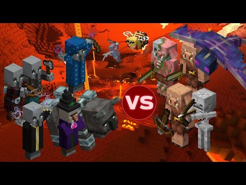 Illager Army + Witch vs Piglin Army, Skeleton, End Phantom, Bee - Minecraft Mob Battle {1.16} S1