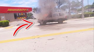 THIS CAR ALMOST EXPLODED IN FRONT OF US!!