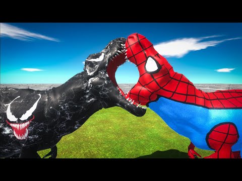 SPIDERMAN T-REX vs VENOM T-REX DEATH RUN - Animal Revolt Battle Simulator