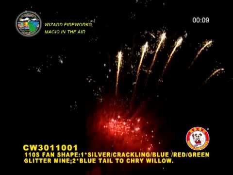 1.3G FIREWORKS: 110S FAN SHAPE SILVER/CRACKLING/BLUE/RED/GREEN GLITTER MINE; BLUE TAIL/CHRY WILLOW
