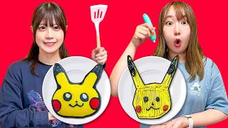 【対決】パンケーキアートvs3Dペンアートお絵描き対決！どっちが上手に描ける？カラフルな色でお菓子やポケモンお絵描きをしよう♪男女でアートチャレンジ！