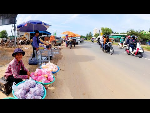 Under $1 Street Food for Factory Workers in Cambodia - Countryside Market Scene, Amazing Food Tour!