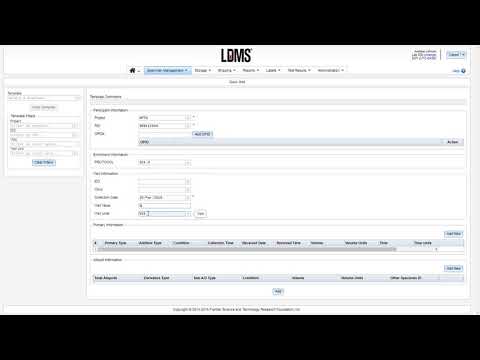 LDMS (web) Specimen Management module: Quick Add - Manual entry