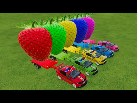 TRANSPORTING GIANT STRAWBERRY WITH COLORED POLICE CARS - Farming Simulator 22