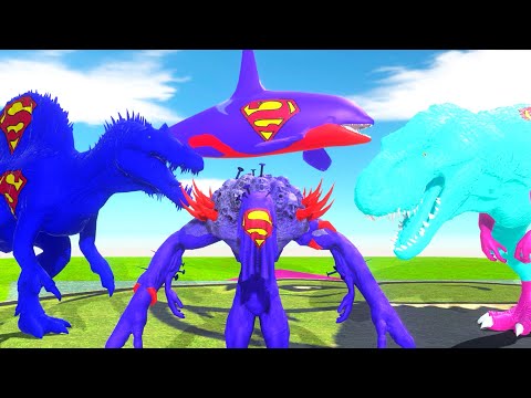 SUPERMAN TEAM vs BATMAN GORO SPIDERMAN BRACHIOSAURUS  SPINO DEATH FALL - AnimalRevoltBattleSimulator