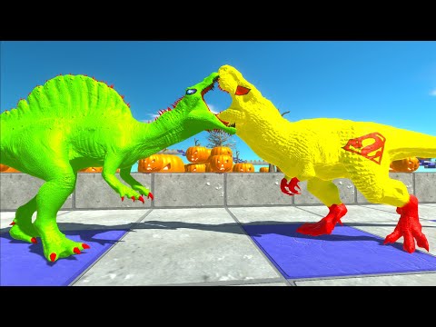 ALIEN SPINOSAURUS vs WHITE SPIDER SPINOSAURUS vs SUPERMAN T-REX DEATH RUN - Animal Revolt Battle Sim