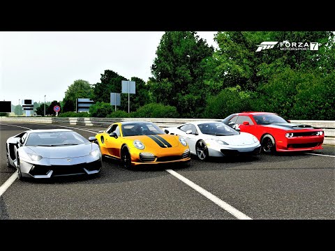 Forza 7 Drag race: Dodge Demon vs Aventador vs McLaren 12C (616hp) vs Porsche 911 Turbo S (679hp)