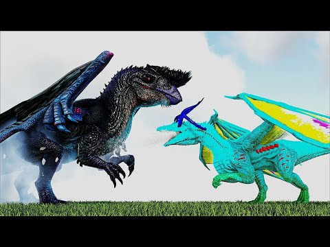 HYBRID GIGADEUSOPTERYX VS YMIR ICE DRAGON MAMMOTH HORN AND DRACON EVO FLAME (ARK SURVIVAL EVOLVED)