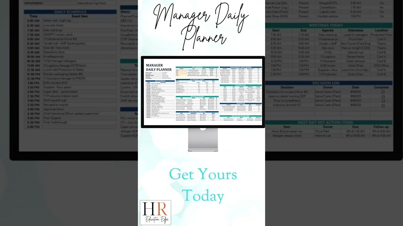 Manager & Supervisor Daily Planner | KPI Tracker, Meetings, and Schedule Template (Excel & Sheets)