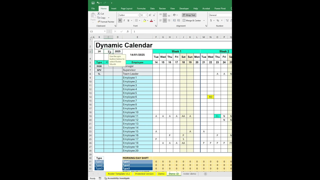 Create a Dynamic Calendar in Excel Roster Schedule Template #excel #roster  #exceltips #spreadsheet