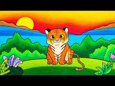 Drawing Tiger Scenery in Zoo Step By Step | How To Draw Easy Scenery With Oil Pastels
