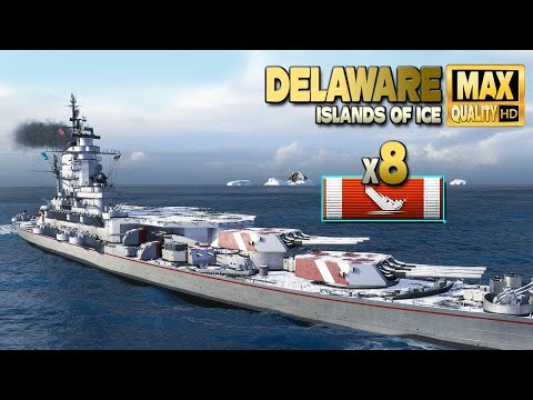 Battleship Delaware: 8 ships destroyed on map Islands of Ice - World of Warships