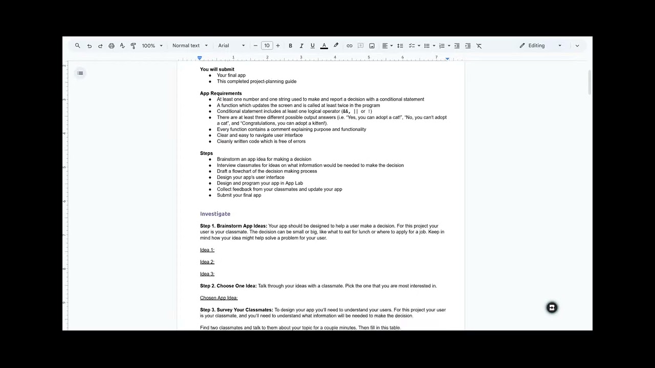 Code.org Computer Science Principles Unit 4: Project - Decision Maker App Planning