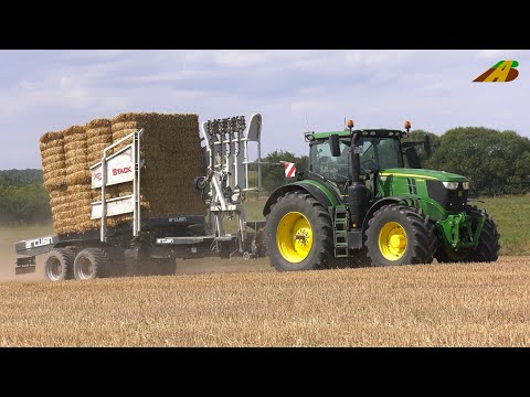 Stroh pressen 2022 - Großballen - Traktor John Deere mit Krone Presse & JD mit Arcusin Sammelwagen