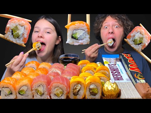 ASMR SUSHI & HERSHEY'S CHOCOLATE BAR EATING SOUNDS MUKBANG 먹방 Tati ASMR