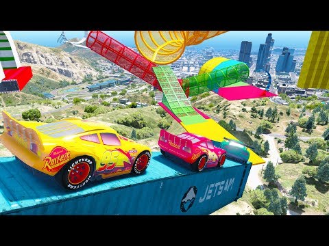 Cars 3 McQueen Stunt Jump UnderWater Miss Fritter Mack Truck Cruz Ramirez Jackson Storm Dinoco King