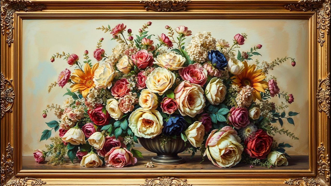 Vintage Bountiful Bliss Floral Mood Wallpaper Background | Ultra HD 4K | Framed Original Digital Art