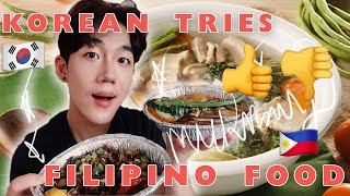 Korean tries FILIPINO FOOD for the first time | 🥢 Sinigang, Kare-Kare, SigSig