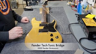 Video thumbnail for 2005 Fender USA Stratosonic (Strat-O-Sonic) HH & Fender Tech Tonic Bridge: Brief Repair and Overview by Hack's Guitar Hobby