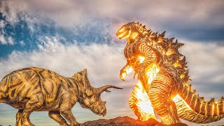 Massive Triceratops Bows Down to Volcano Godzilla