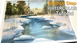 Watercolor Winter Scene Tutorial: A Snowy River Landscape Step by Step