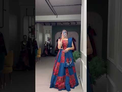 Blue Embroidered & Printed Pure Cotton Lehenga Choli Set