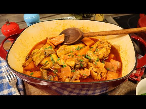 Chicken wing frichti with white wine, mushrooms and sweet potatoes