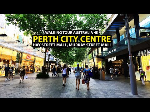 Perth City Main Shopping Area Walking Tour: Hay Street and Murray Street Mall | Australia 4K