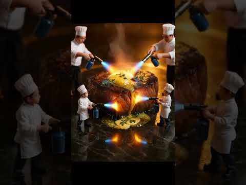 “Tiny Grill Masters: The Giant Steak Showdown 🍖🔥”#TinyGrillMasters #SteakArt #MiniChefs