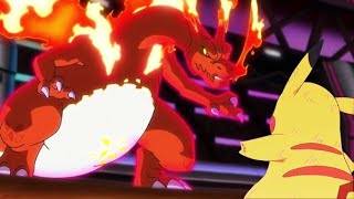 Ash's dynamax Pikachu vs Leon's dynamax charizard, Pokemon battle world