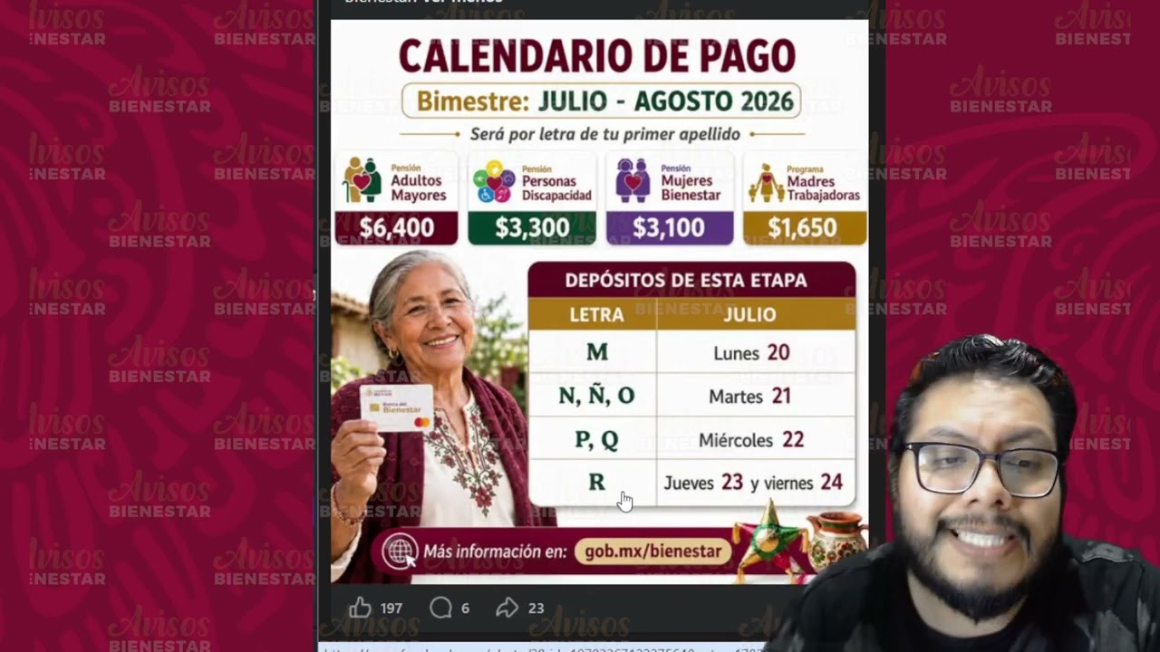 PAGO PENSIÓN BIENESTAR del 20 al 24 julio - agosto pension bienestar adulto mayore y mujer bienestar