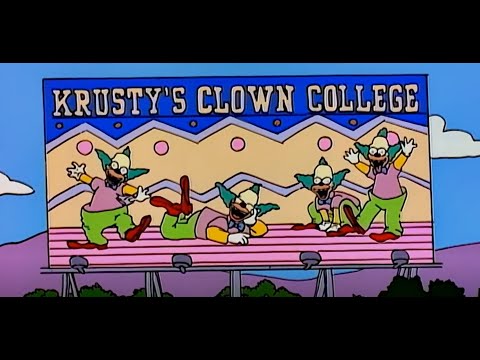 Homer sees Krusty's Clown College Billboard