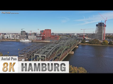 Hamburg Germany: Veddel, HafenCity, Rothenburgsort - Elbbrücken, Elbe - Luftpanorama - 4K/8K - 0568