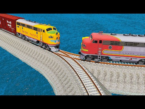 Double Train vs Impossible Y Shape Rail Crossing Deepwater - BeamNG.Drive